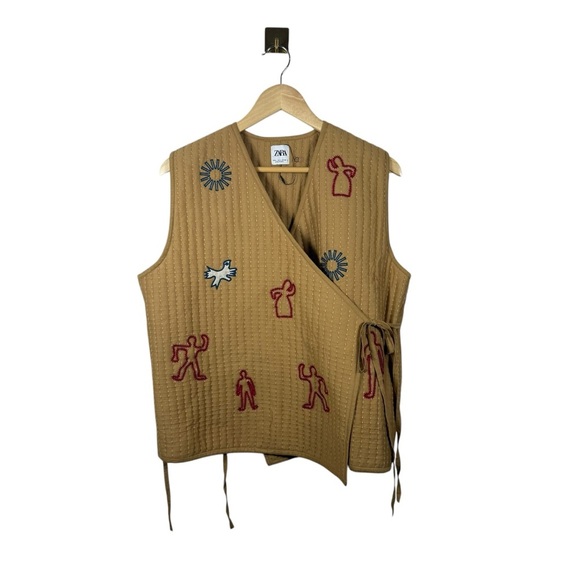 Zara Blogger Favorite Women’s Oversized Quilted Embroidered Wrap Vest Brown L - Picture 6 of 15